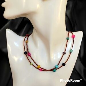 Handmade Rainbow Gemstone Beaded Two Strand Necklace
